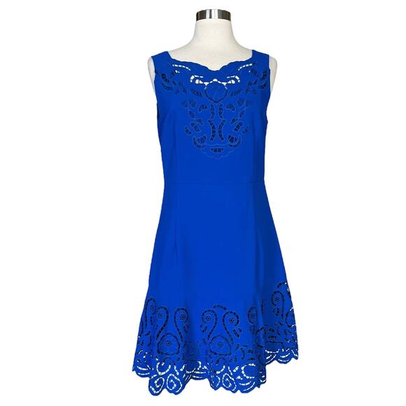 Blue Cocktail Dress Cobalt Sleeveless Laser Cutouts A-Line Round Neck Medium EUC - Picture 1 of 12